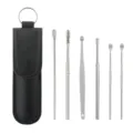 Stainless steel ear pick set 6 pieces with portable leather keychain case for daily ear cleaning use - Black