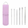 Stainless steel ear pick 6-piece set with purple leather case and keychain for daily ear cleaning - Large Leather Case with Metal Buckle / Purple