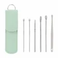 Portable 6-piece stainless steel ear pick set with mint green leather case and metal keychain. - Large Leather Case with Metal Buckle / Green