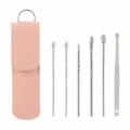 Portable 6-piece stainless steel ear pick set with pink leather case and keychain for daily use. - Large Leather Case with Metal Buckle / Pink