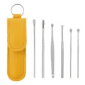 Portable stainless steel ear pick 6 piece set with yellow leather keychain case for daily use. - Yellow