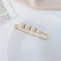 Gold safety pin brooch with faux pearls and rhinestones, stylish waist tightening clip. - 7.5cm Large / White
