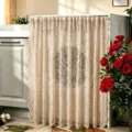 Detailed view of beige lace washing machine dust cover, elegant floral pattern for home decor. - 145*90 cm with Telescopic Rod and Hooks / Gorgeous Phoenix Tail Beige