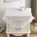 Details of white lace bedside table cover, elegant leaf pattern dust cover for bedroom. - 80*80cm / Leaf Beige