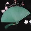 Green bamboo folding fan traditional Chinese style summer hand fan with tassel decor - Green