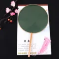 Traditional Chinese Round Fan Hanfu Palace Fan with Wooden Handle and Tassel DIY Craft - Beech Wood Handle Dark Green