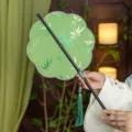 Traditional Chinese style embroidered round fan with bamboo handle and tassel for Hanfu - 8-Petal Green Bamboo Waist Fan (Bamboo Edge)