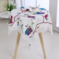 Cotton linen tablecloth with cute owl pattern and lace trim for small round tables. - 55*55CM / Fairytale World Purple