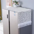 White lace refrigerator top cover dustproof cloth with elegant leaf pattern and ruffle edge. - Double Door 70x180cm / Long Leaf Beige