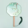 Traditional Chinese style hand fan with floral print wood handle and green tassel SKU - Eight-Petal Fan - Elegant Pear Fragrance