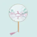 Chinese style round fan wood handle Hanfu photography prop peach blossom pink tassel elegant gift - Beauty's Walk - Wood Handle