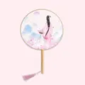 Traditional Chinese wooden handle round fan with pink tassel, exquisite silk surface for Hanfu. - Deep Among Scarlet Flowers - Wood Handle