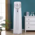 Detail view of white lace vertical air conditioner dust cover with elegant floral embroidery. - Universal Air Conditioner Cover (Height 180cm) / Five Golden Flowers Pink & White Gauze