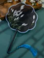Chinese style embroidered round fan with reed design, black handle and blue tassel SKU variant. - Double-Sided Embroidered 8-Petal Fan - Reeds & Moonlight (Beechwood Handle)