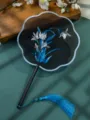 Chinese style embroidered round fan with blue floral pattern, elegant Hanfu accessory. - Double-Sided Embroidered 8-Petal Fan - Orchid on Black Background (Beechwood Handle)