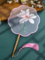 Chinese traditional embroidered lotus round fan with wood handle and pink tassel for Hanfu. - Double-Sided Embroidered Eight-Petal Pink Lotus Fans with Beechwood Handle