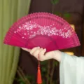 Beautiful Chinese style bamboo folding fan carved hollow retro pink hand fan with tassel. - Red Cherry Blossom