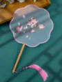 Chinese style embroidered round fan with wooden handle and pink tassel, elegant dance fan decor. - Double-Sided Embroidered 8-Petal Fan - Pink Magnolia with Wooden Handle