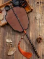 Traditional Song style handmade bamboo woven fan with long handle tassel antique decor - Flat-Head Palace Waist Fan