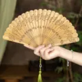 Natural green sandalwood folding fan antique style Chinese hand fan perfect for Hanfu gift - Luofang Green Sandalwood