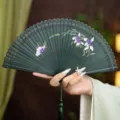 Handheld Dark Green Bamboo Folding Fan Hollow Carved Floral Chinese Classical Fan - Green Quiet Flower and Butterfly