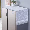 White lace refrigerator top cover dust-proof cloth with elegant leaf pattern and ruffle edge for home. - Double Door 70x180cm / Long Leaf White