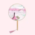 Traditional Chinese style round fan with wooden handle and pink tassel, silk fabric material. - Peach Blossoms Playing Lute - Wood Handle