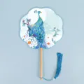 Traditional Chinese style round fan with peacock pattern, wooden handle and blue tassel. - Eight-Petal Fan - Gorgeous Peacock