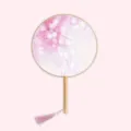 Traditional Chinese round silk fan with wooden handle and pink tassel for Hanfu photography. - Cherry Blossoms Dancing - Wood Handle