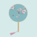 Traditional Chinese round silk fan with wooden handle, elegant floral pattern for photography. - Blossoms in Full Bloom - Wood Handle