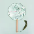 Traditional Chinese style round fan with wooden handle and tassel, elegant pear blossom print. - Eight-Petal Pear Flower Fans