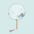 Traditional Chinese round fan with wooden handle silk fabric and pink tassel for hanfu decor. - Red Silk Beautiful Water - Wood Handle
