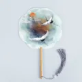 Traditional Chinese style folding round fan with flying cranes pattern wooden handle tassel. - 8-Petal Fan - Crane and Rising Sun