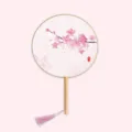 Traditional Chinese round fan, wooden handle and pink cherry blossom print with tassel variant. - Face Like Peach Blossoms - Wood Handle