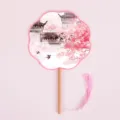 Traditional Chinese style round fan with cherry blossom pattern, wooden handle and pink tassel. - 8-Petal Fan - Swallow Seeking Flowers