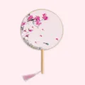 Traditional Chinese silk round fan with wooden handle and pink tassel for Hanfu photo. - Jasmine Fragrance - Wood Handle