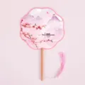 Chinese style translucent round fan pink peach blossom design with wooden handle and tassel - 8-Petal Fan - Boat in Landscape
