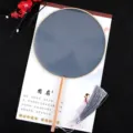 Traditional Chinese round fan with wooden handle and grey tassel, perfect for Hanfu and dance. - Beech Wood Handle Navy Blue