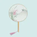 Traditional Chinese round fan with wooden handle silk fan surface and tassel decoration - Fragrant Elegant Orchid - Raw Wood Handle