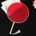 Traditional Chinese red silk round fan with wooden handle and pink tassel for Hanfu. - Original Wood Handle Dark Red