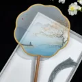 Traditional Chinese style translucent round fan Hanfu dancing gift prop with wooden handle. - 8-Petal Shape Fan - Mountain & Water Sentiments