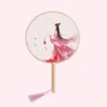 Chinese traditional style round fan with wooden handle and pink tassel for photo props. - Hazy Flower - Raw Wood Handle