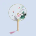 Traditional Chinese round fan with wooden handle silk lotus hanfu photography prop - Lotus Dyed - Raw Wood Handle