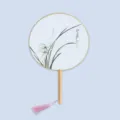 Traditional Chinese round fan with wooden handle, silk orchid painting and pink tassel. - Fragrant Orchid - Raw Wood Handle