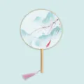 Traditional Chinese silk round fan with wooden handle and tassel for Hanfu photography. - Apricot Blossom Chant - Raw Wood Handle