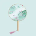 Traditional Chinese silk round fan with wooden handle and pink tassel for Hanfu photo. - Peach Blossom Pavilion - Raw Wood Handle