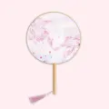 Traditional Chinese round fan with wooden handle, translucent silk fabric and cherry blossom. - Hidden Moon Cherry Blossom Dream - Raw Wood Handle