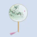 Traditional Chinese round fan with wooden handle and pink tassel, perfect for Hanfu photography. - Endless Pear Blossoms - Raw Wood Handle