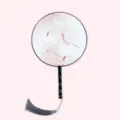 Traditional Chinese round palace fan with wooden handle and grey tassel for Hanfu photography. - Winter Wind & Snow Flowers Black Handle
