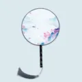 Traditional Chinese round fan with wooden handle, landscape art, great for Hanfu use. - Red Silk Beautiful Water Black Handle